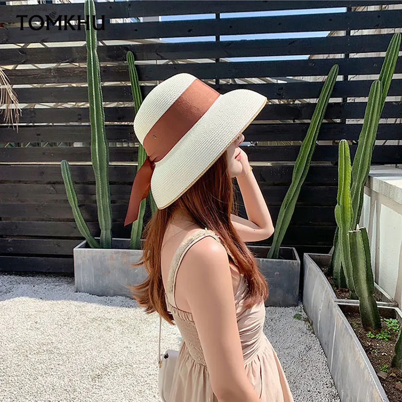 Womens Ring Top Verano Straw Hat Summer Wide-Brimmed Boater Hat Elegant Ladies Sun Hats Ribbon Band Fedora Hat Chuch Derby 250314