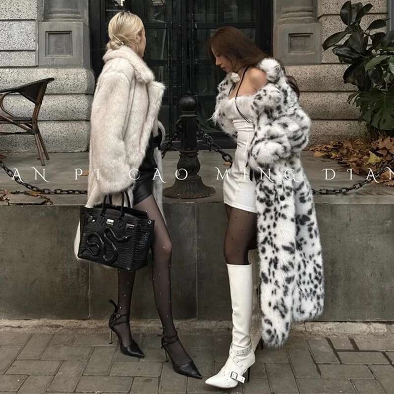 Women's Faux Bobcat Imitation Fox Thick Long Leopard Print Fur Coat