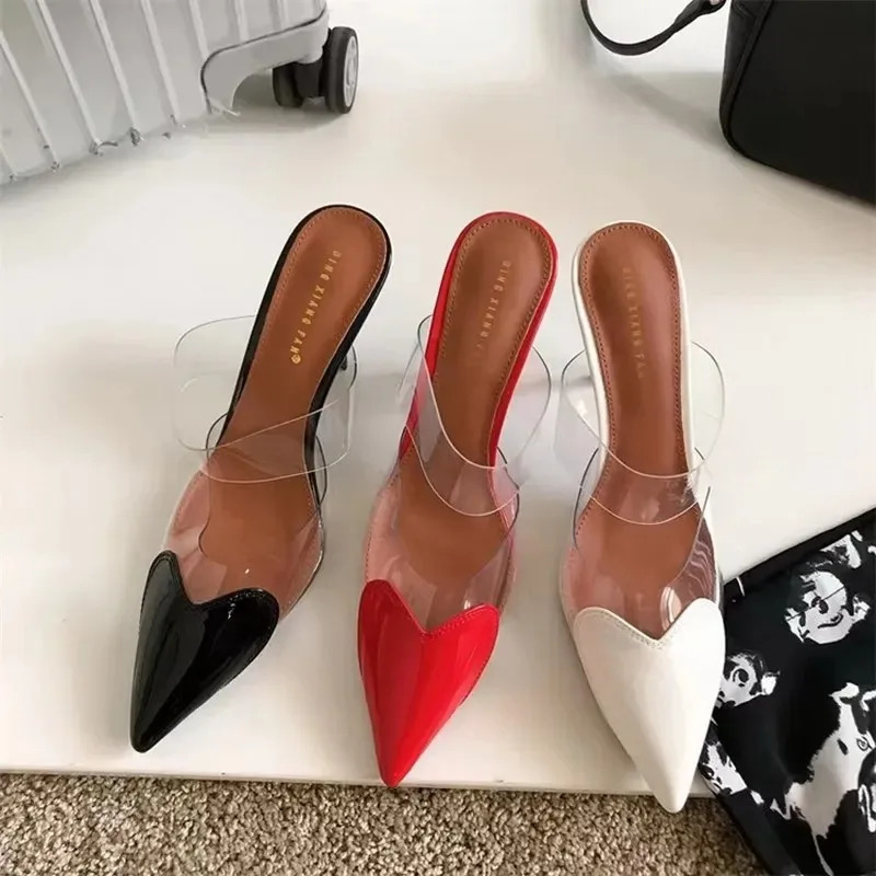 Patent Leather PVC Pumps Stiletto Sandals Pointed Toe Straps Heart Detailing at the Toes High Heel Slippers Wedding Shoes 250314