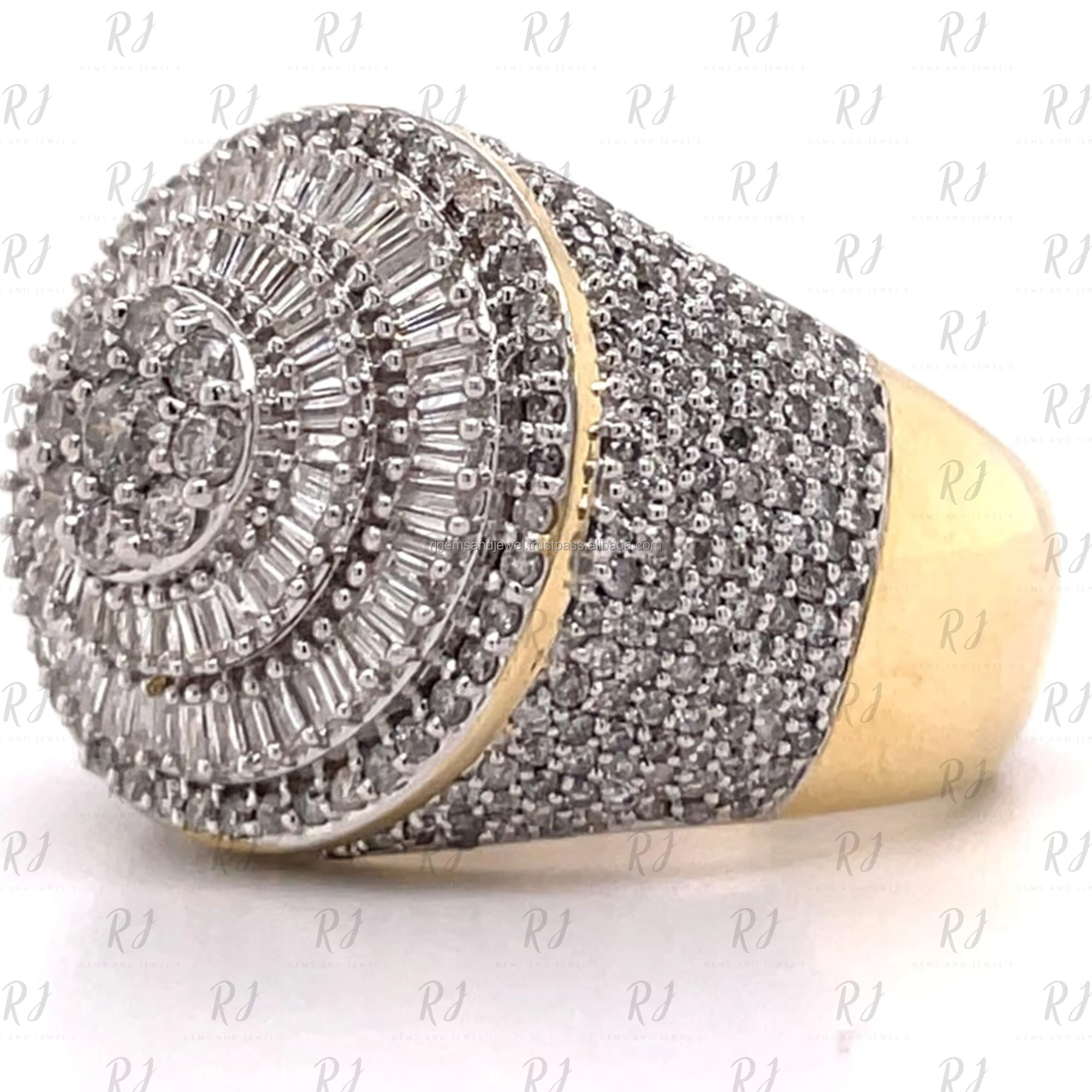 Iced Out Moissanite Hip Hop Ring 10k Gold Baguette and Round Diamond Mens Rings