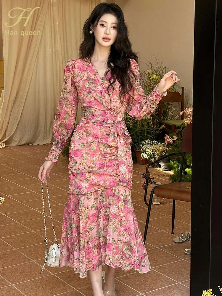 H Han Queen Women's Chiffon Long Sleeve Printed Ral Pleated Casual Fishtail Beach Holiday Dress Spring Summer