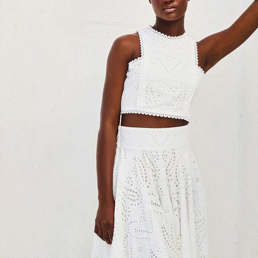 TWOTWINSTYLE Embroidery Two Piece Set For Women O Neck Sleeveless Hollow Out Top High Waist A E Skirt Slimming Sets Female