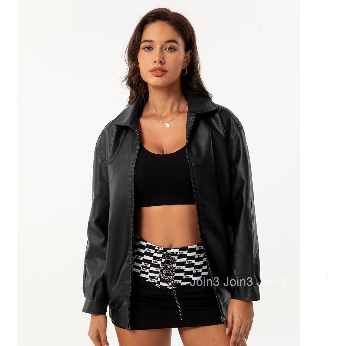 Fashion Loose Fitting Leather Clothes for Women Oversize Womens Jackets Long Sleeved Polo Collar Spring and Autumn Coat
