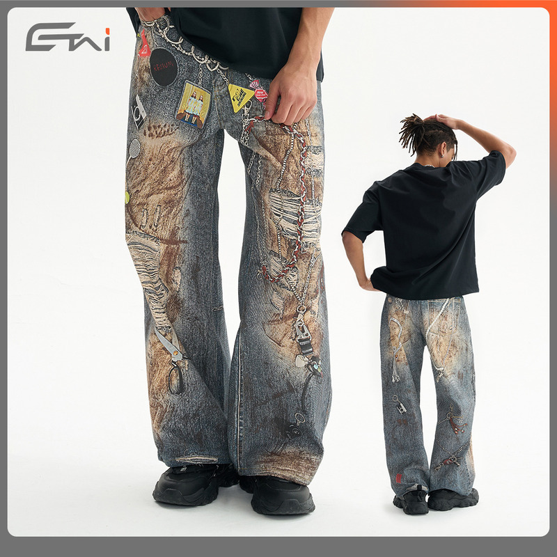 ETAI Men's Wear | New Cotton Straight Tube 3D Printed Casual Pants American Button Jeans For Men