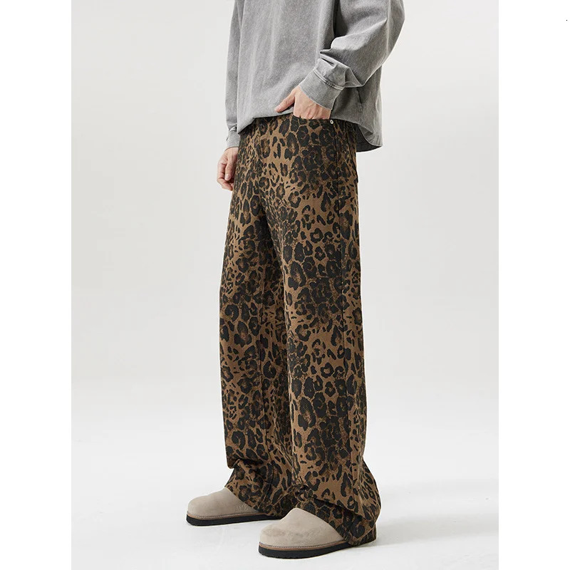 Mens jeans Baggy Casual American style Leopard print Vintage pants Straight High Street fashion Hip hop Trousers for men 250314
