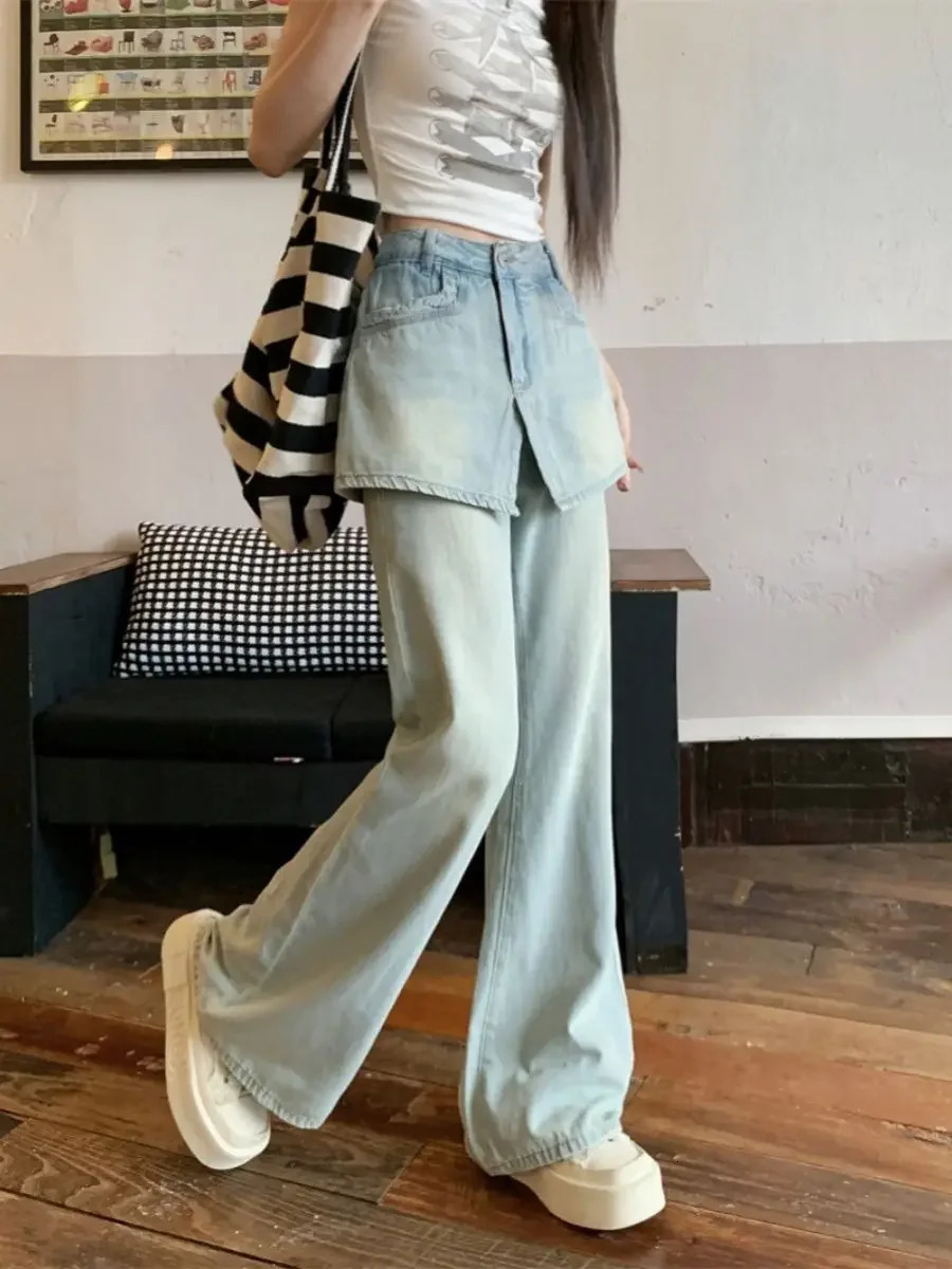 Summer Korean Fashion Two Piece Spliced Skirt Jeans Women High Waist Slimming Straight Pants Flare Clothing 250310