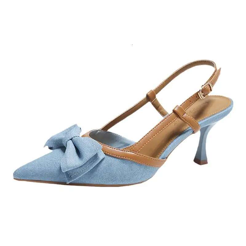 Denim Blue Summer High Heel Women's Sandals Fashion Butterfly-Knot Mules For Ladies Party Dress Shoes