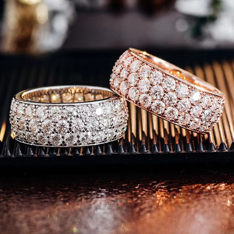 Silver Men Moissanite Band With D Color VVS Three Rows Stone Ice Out Round Brilliant Cut Loose Diamond Hip Hop Ring