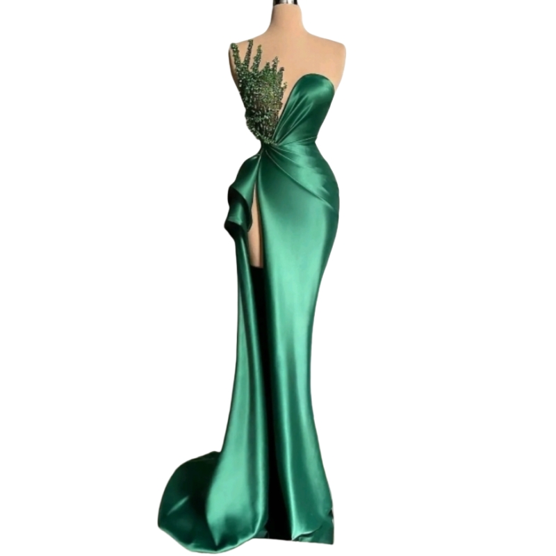 2025 Emerald Green Prom Dresses Side High Slit Long Sexy Evening Gown Beaded Sheer Neckline Custom Made Pleats Satin Mermaid Pageant Party Dress For L