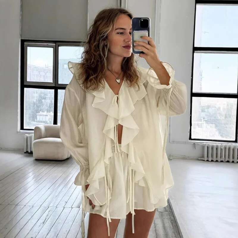 Tuularose New Casual Two-Piece Women's Ruffled Loose Tie Top Simple Office Lady Summer Female Shorts Set