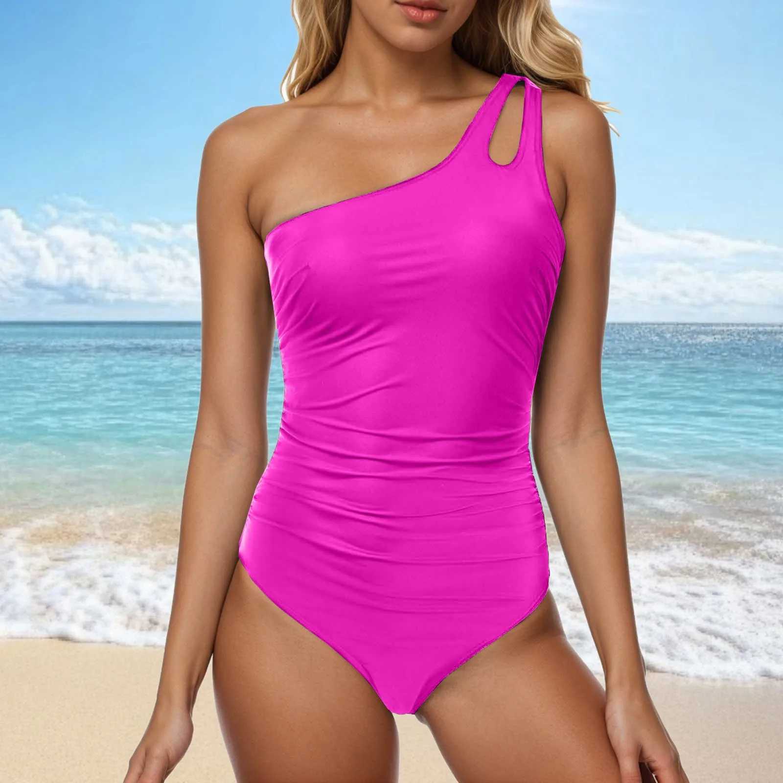 Womens One-Piece Swimsuit Slanted Shoulders Hollowed Out Asymmetric Conservative Full Coverage Tankini Swimwear Tummy ControlXJ250315