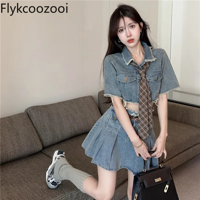 Summer Raw Edge Lapel Pure Slimfit Short Denim Coat Skirt Tie Fashion n Set Womens Elegant Clothing 250312