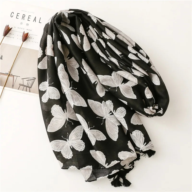 Fashion Animal Black Butterfly Pattern Tassel Viscose Shawl Scarf High Quality Print Pashmina Stole Bufandas Muslim Hijab 250314
