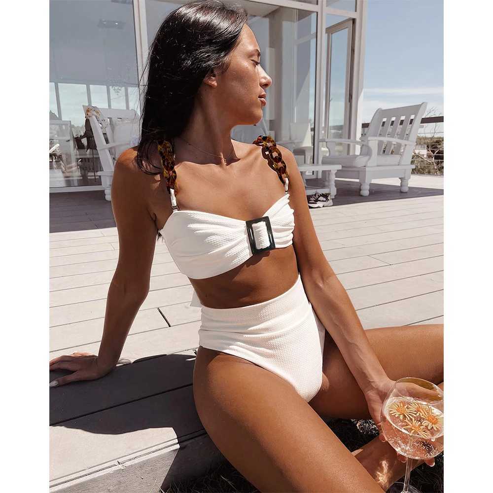 Sexy high waisted Ruffs bikini Bandeau swimsuit for women 2024 new ribbed womens swimsuitXJ250315