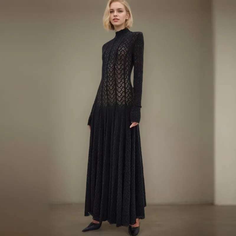 DEAT Fashion Lace Dress Women's Round Neck Hollow Out Slim Long Sleeve Retrac Waist Big Swing Dresses New 7Ab8070