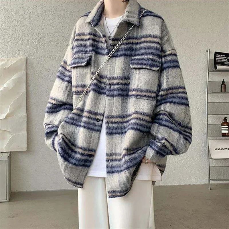 mens Y2K retro striped wool jacket patch work long sleeved plain weave open top high street freight shirt 250312