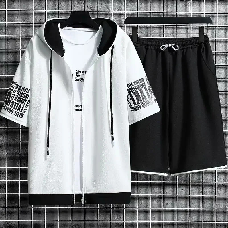 Summer Thin Mens Sports Suit 2-piece Set Casual Hooded Quick Dry Running Exercise Clothes Short Sleeve Shorts 250310