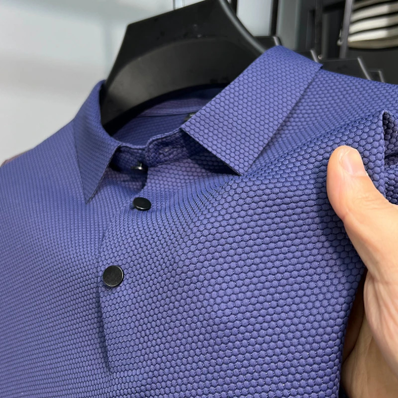Mens High end Mesh Ice Silk Short sleeved Polo Shirt Summer Solid Color Thin Breathable Anti Wrinkle Tshirt 250312