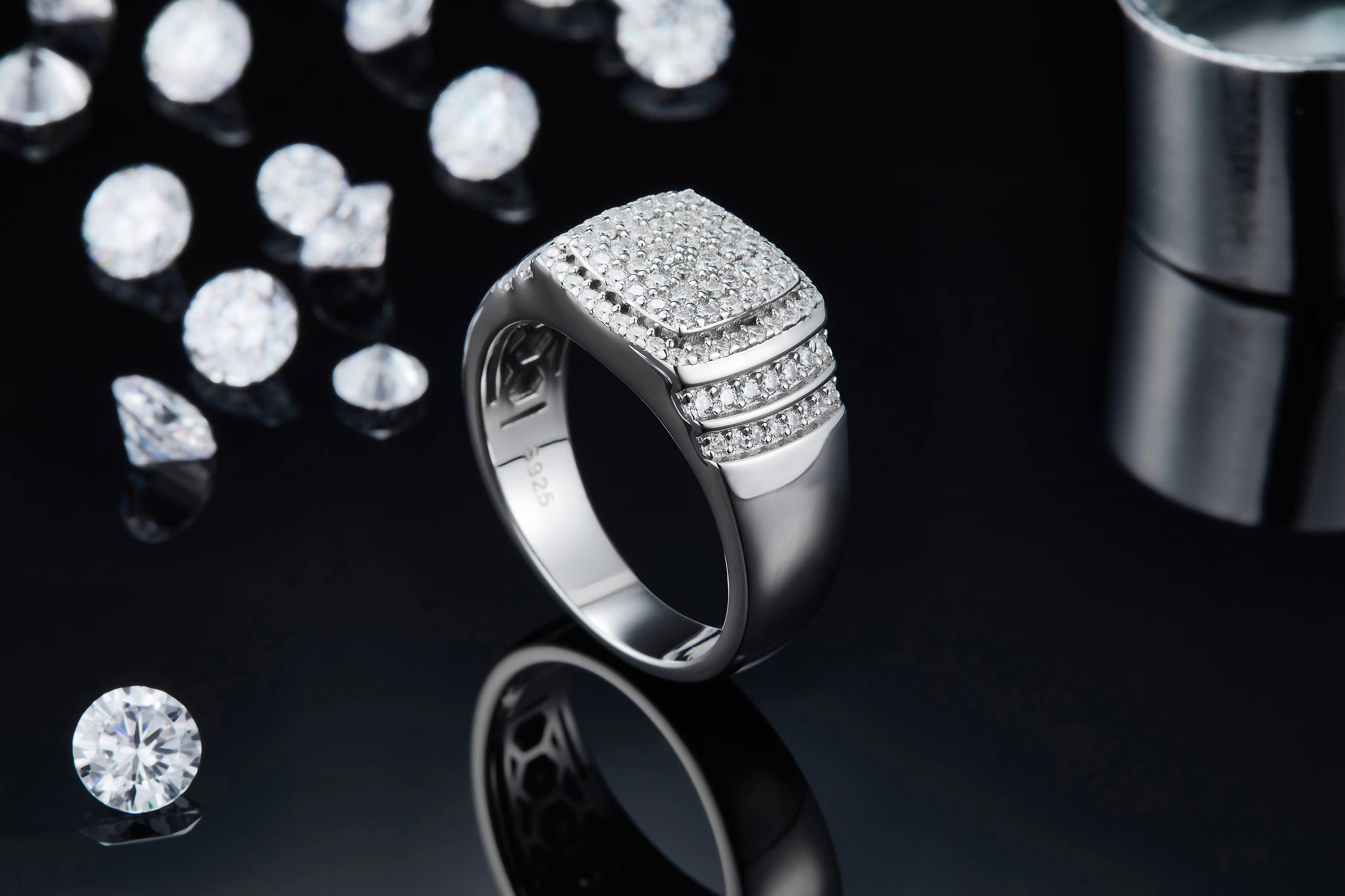 Moissanite Hip Hop Mens Thick Solid 925 Sterling Silver Ring with White Gold Plating