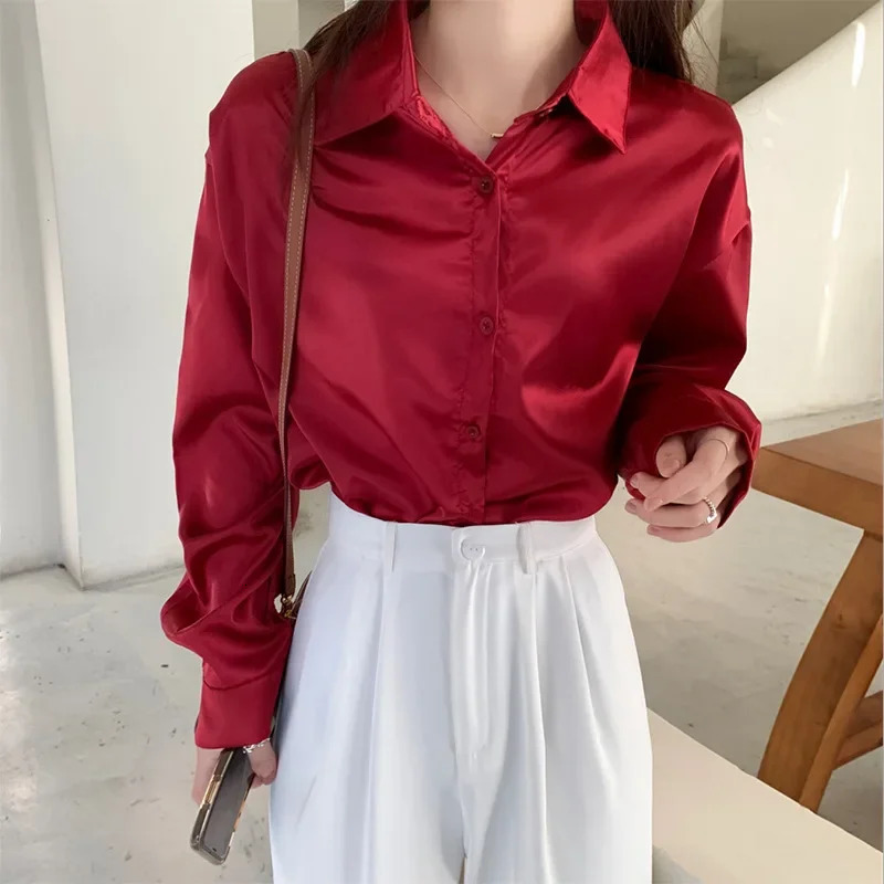 Pink Womens Loose-Fit Long Sleeve Silk Niche Versatile Vintage n Draped Shirt Fashionable Summer Casual Wear 250310