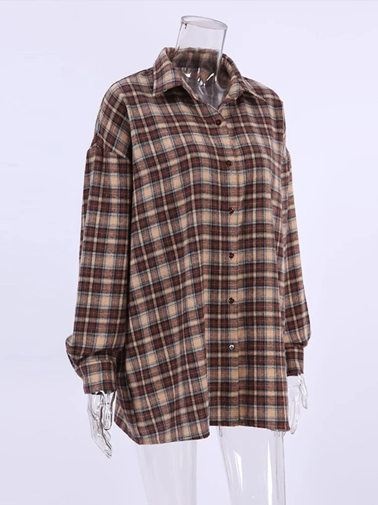 Casual Plaid Shirt Woman Loose 2025 Spring Lapel Buttons Womens Coat Full Sleeve Cozy Vintage Khaki Tops Office Lady Blouses 250310