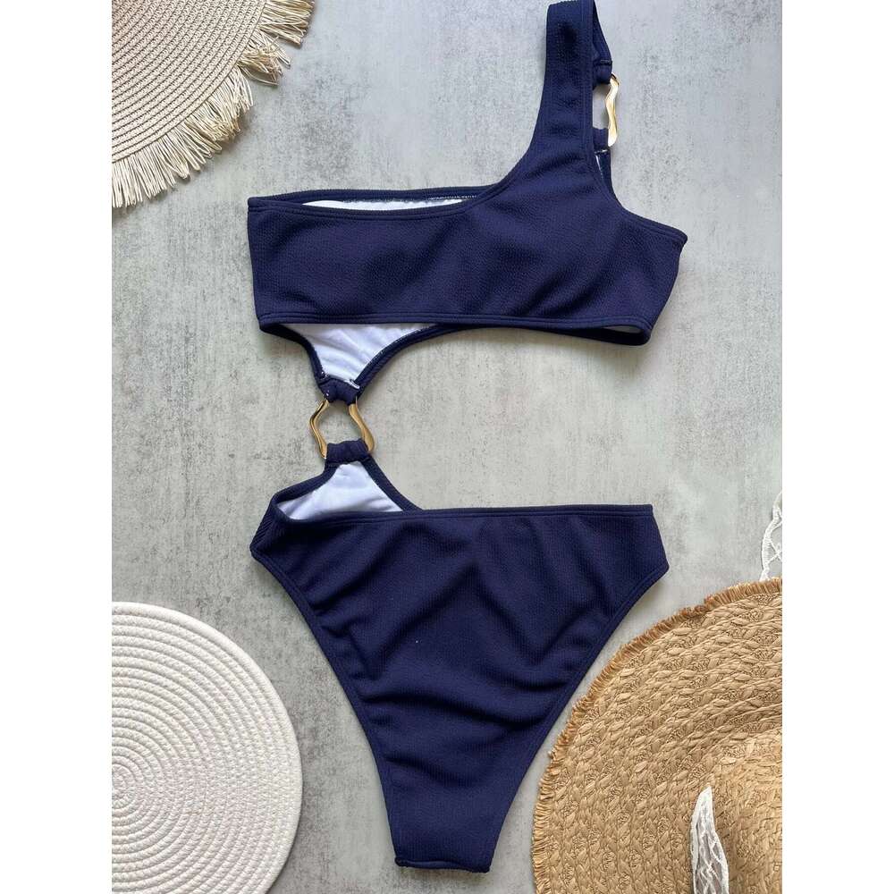 Women's one-piece swimsuit with cutting ring on the front, high waist, shameless, monokini, asymmetrical off shoulder, ribbed design
