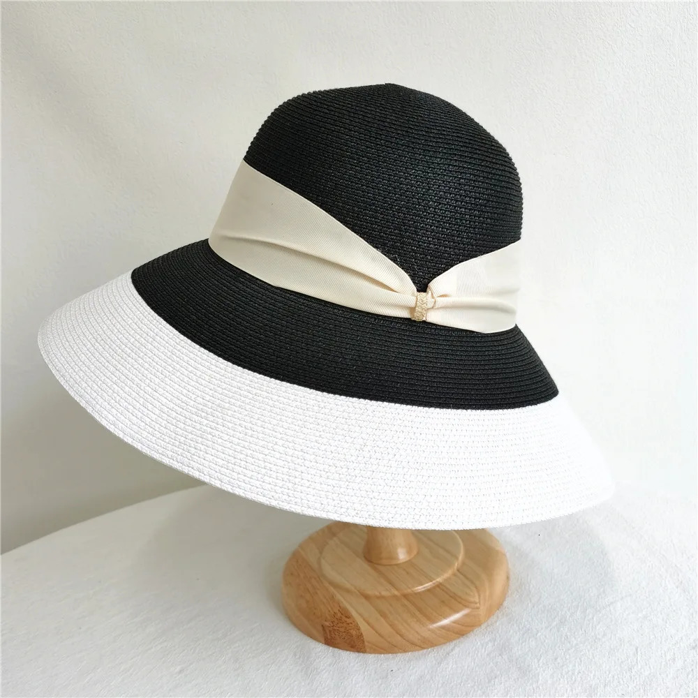 Classic wide Brim womens sun hat black ribbon with summer straw hat rotating Brim church hat set holiday derby hat 250314