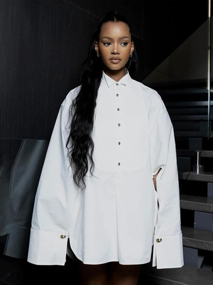 Loose Chiffon Shirt Women White Lapel Lantern Sleeves Single Breasted Irregular Hem Shirts Female 2025 Spring Chic Lady Blouse 250310