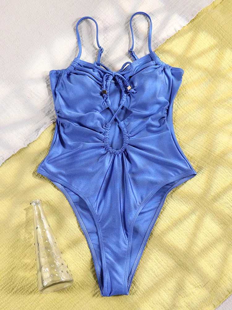 Miyouj hollow swimsuit womens swimsuit new one-piece swimsuit bandage swimsuit solid color swimsuit summer beachwearXJ250315