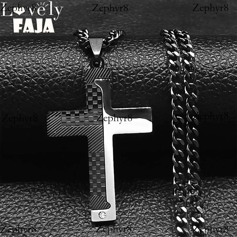 Goth Stainless Steel Cross Pendant Biker Men Punk Black Sier Color Crucifixion Crystal Necklace Hip Hop Jewelry N6337
