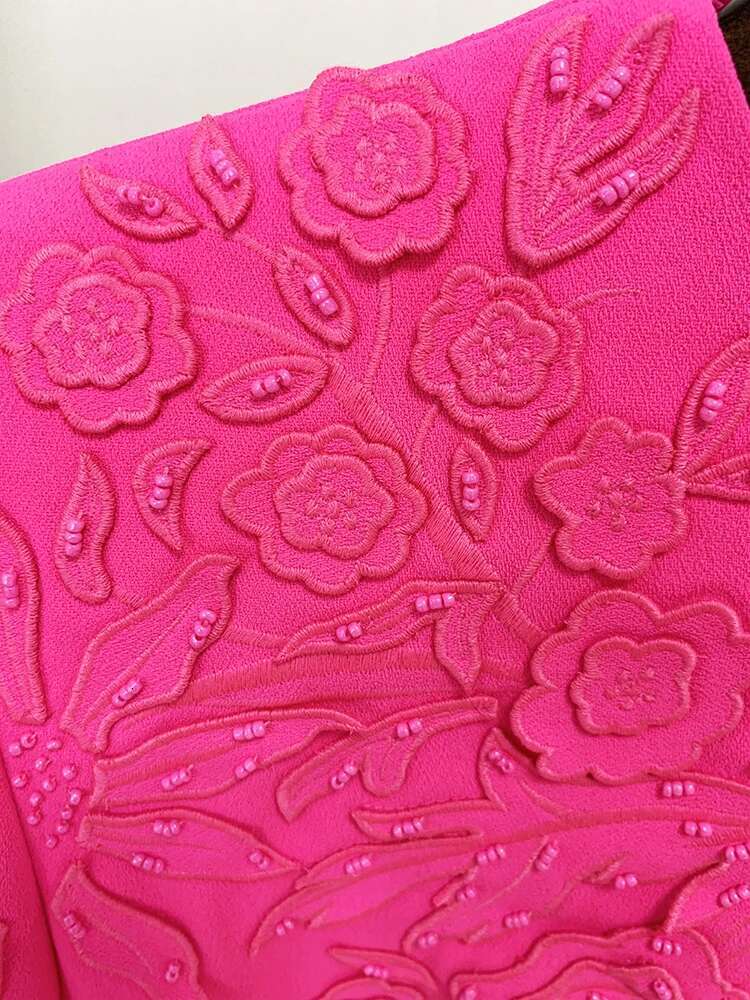HIGH STREET Newest 2024 Designer Fashion Runway Women's Short Sleeve Stunning Embroidery Beaded Dress Hot Pink