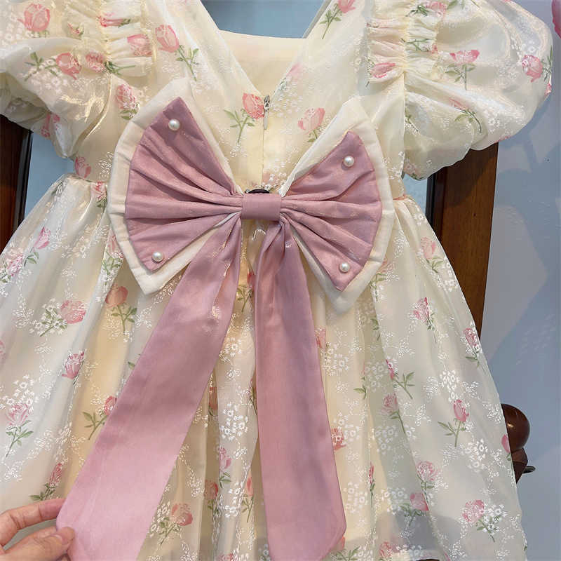 Girl's Dresses Summer New Style 2025 Little Girl Bow Short Sleeve Fashion Dress Summer Dress Baby Girl Western Princess Dress Trendy