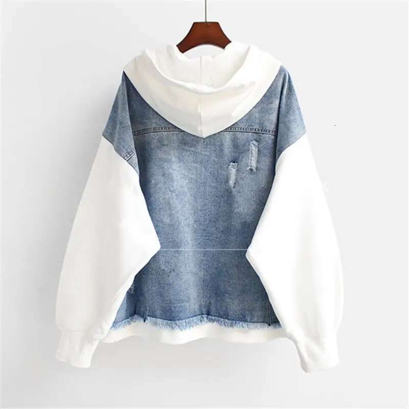 Fake Two-Piece Denim Hoodies Coat Women Spring Autumn Trend Cardigan Hoodie Casual Loose Hooded Baseball Jacket Streetwear Woman
