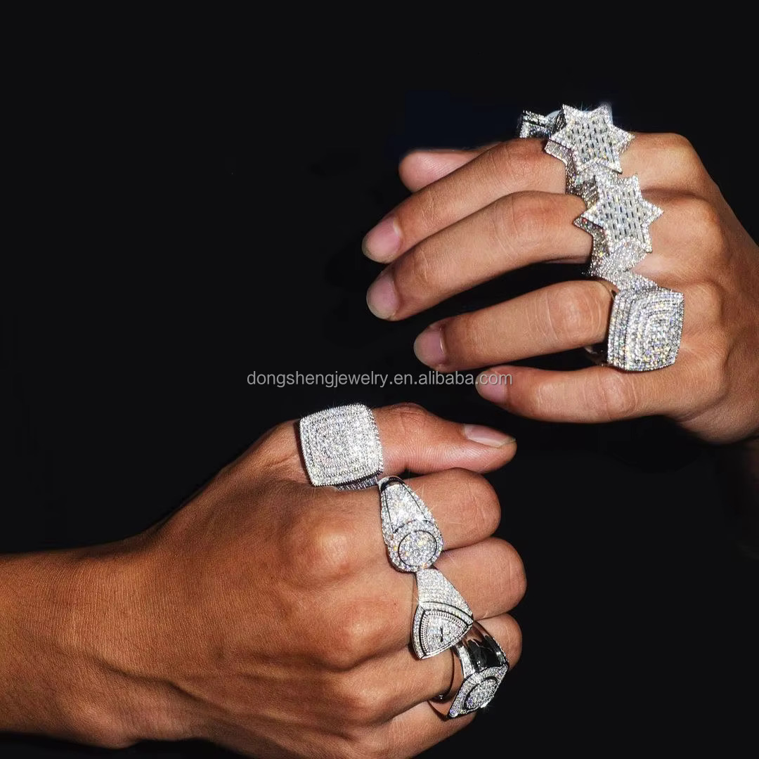 Fashion Jewelry VVS Moissanite Iced Out Rings Gold Plated 14k 18k Sterling Silver Diamond Hip Hop Rings for Men