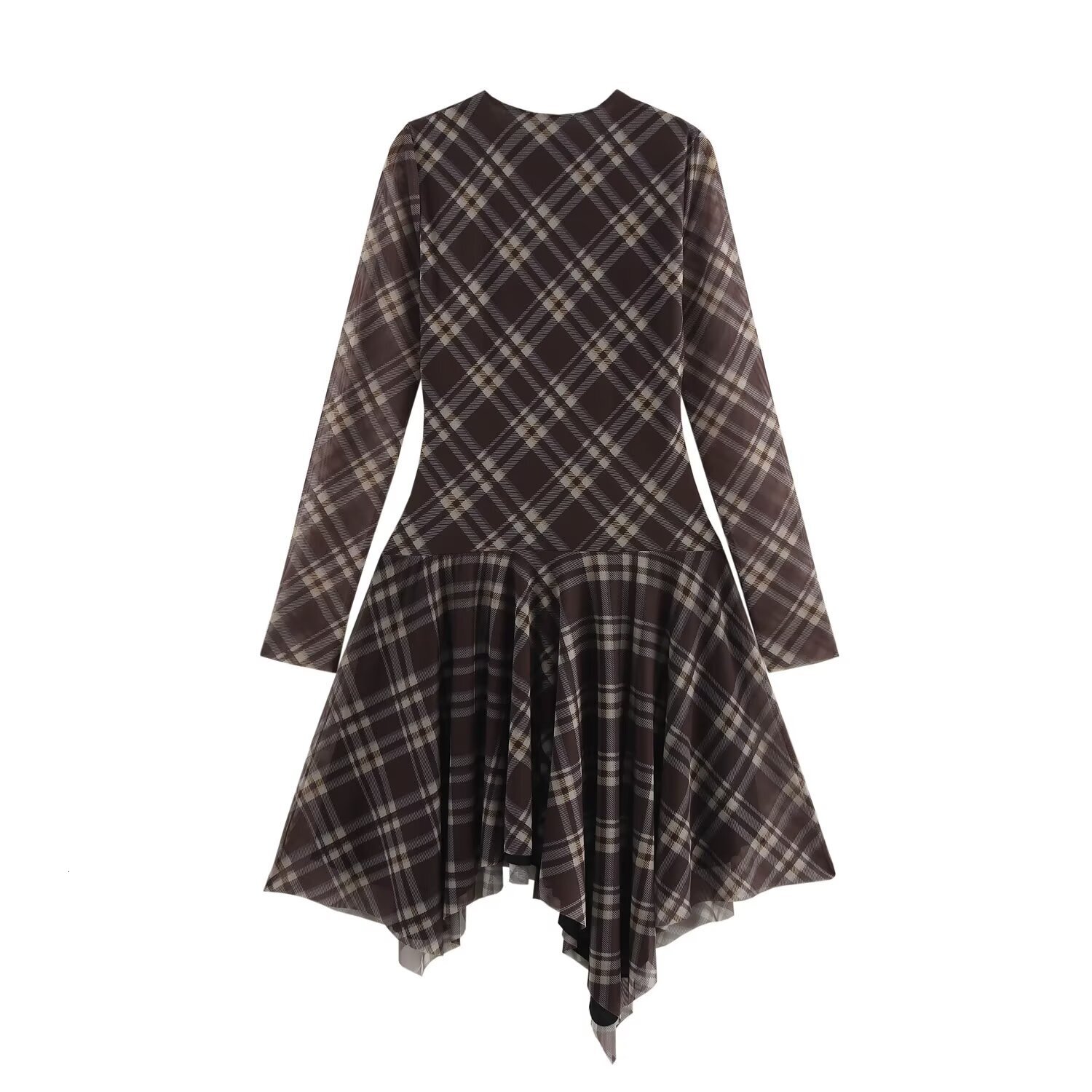 2025 Spring New Product Style Fashion Versatile Checkered Folded Silk Mesh Dress Irregular Long Sleeve Short Skirt For Women