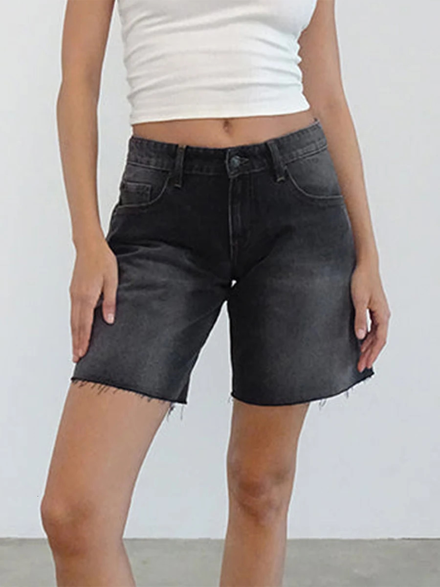 Womens Y2k bagged denim shorts with loose knee length solid color wide legs and a retro Bermuda style hem with pockets for summer 250312