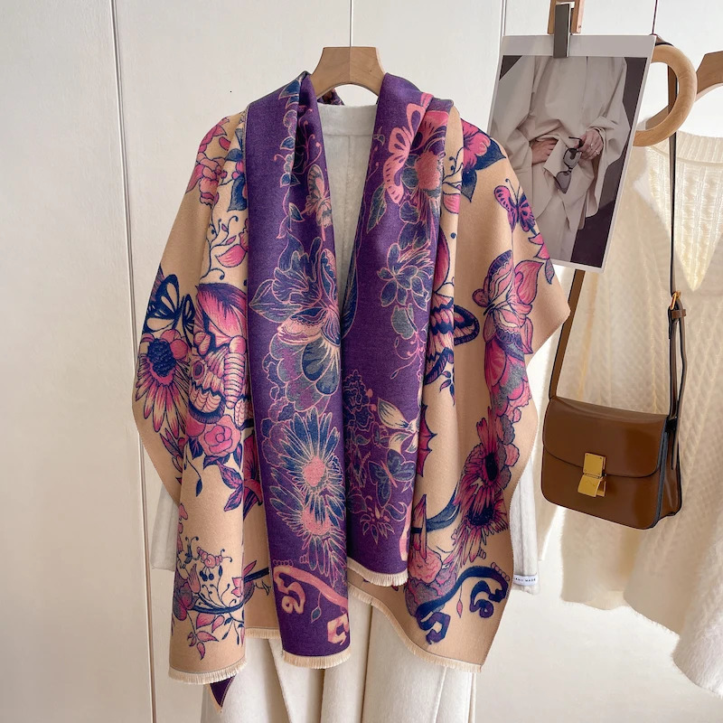 Fashion Warm Poncho Cashmere Winter Women Scarf Floral Print Shawl Wraps Female Thick Pashmina Blanket Travel Scarf 250314