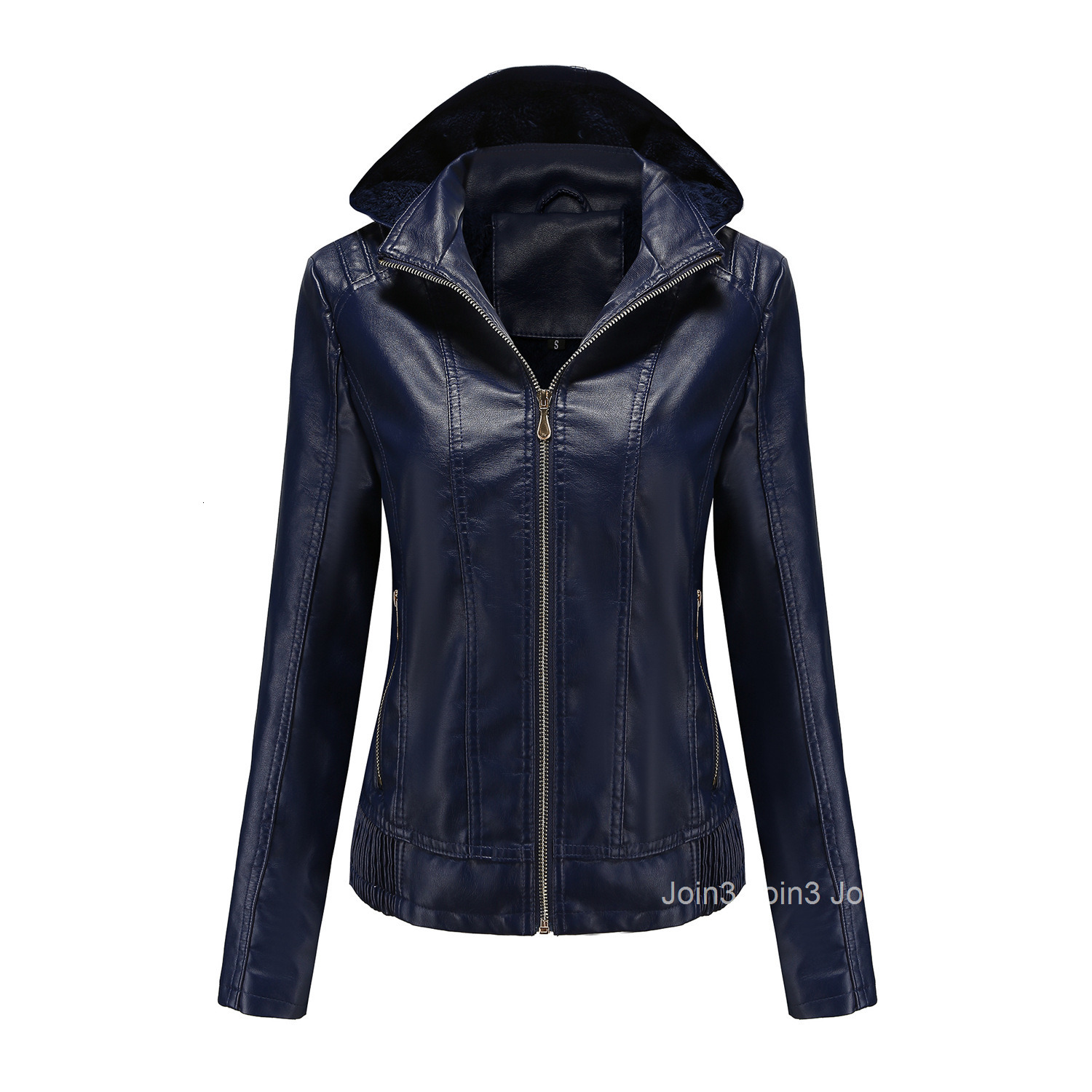 Fashion Awhooded Leather Womens Detachable Hat Zipper Long Sleeve Plush Leather Jacket European Size Slim Fit Coat