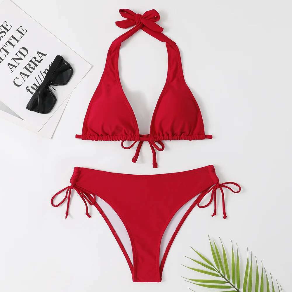 2025 sexy camisole bikini swimsuit low waist black/red/pink beach swimsuit cheap bandage Brazilian swimsuit two-piece set for sale