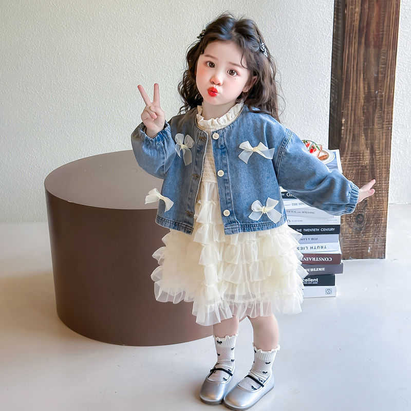 Girl's Dresses 2025 New Girls' Spring Dress Set, Girls' Cowboy Jacket, Spring Elegance, Baby Girls' Princess Skirt
