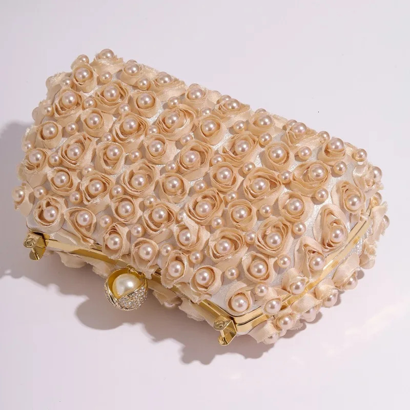 Wedding Party Evening Bag Double Sided Rose Appliques Champange Banquet Handbag Pearl-handle Red Clutch Bags for Women 250314