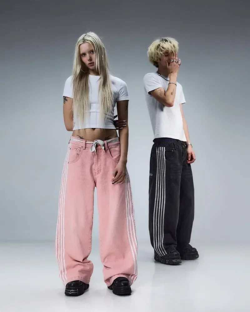 Y2K Baggy jeans Harajuku retro striped embroidered high-quality sports pants mens hip-hop casual wide leg street jeansT250319