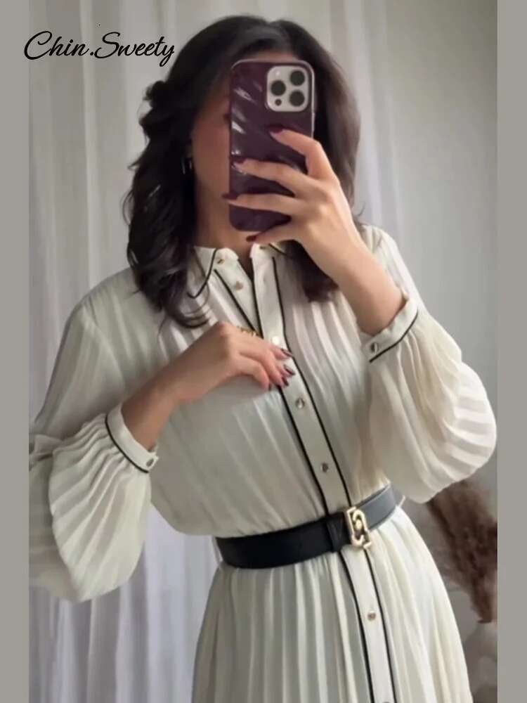 Elegant White Pleat Dress Women Belt Lapel Long Sleeve Single-Breasted Dresses 2025 Spring Summer Lady High Street Robes