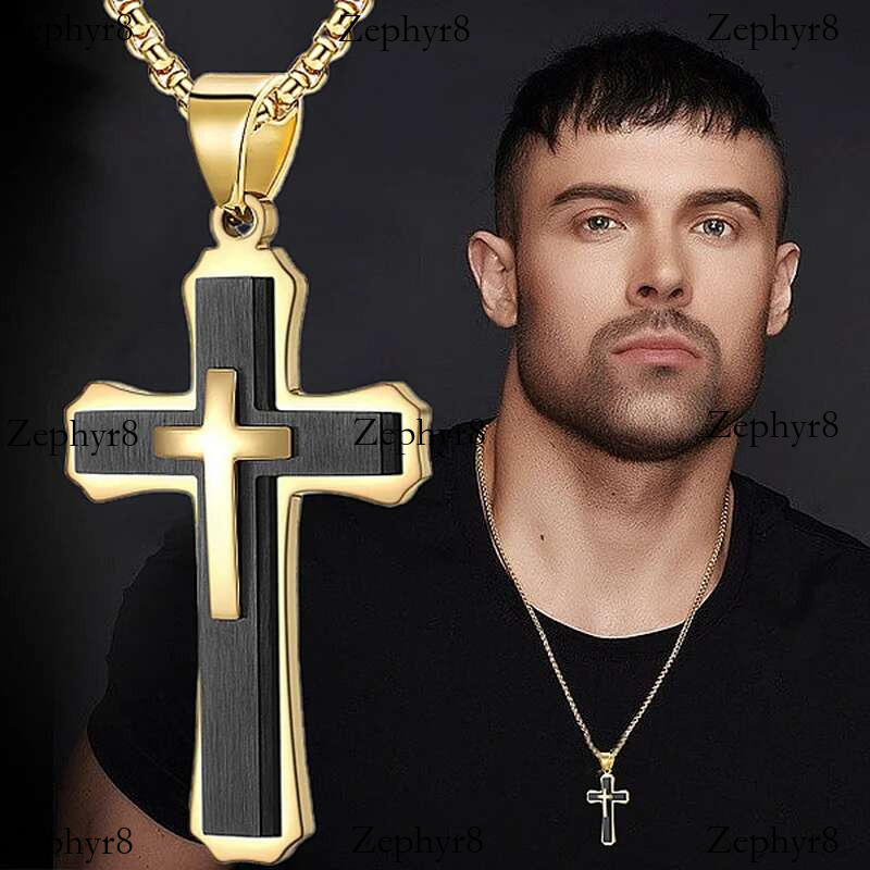 2025 New model Creative Double-layer Cross Hip Hop Necklace for Men Stainless Steel Jewelry Halloween Party Gift