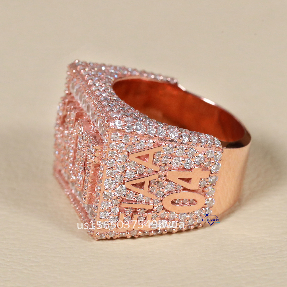 High Quality Moissanite Ring 14kt Rose Gold Iced Out Custom Name Ring Hip Hop Collection for Men Hand Made Jewelry