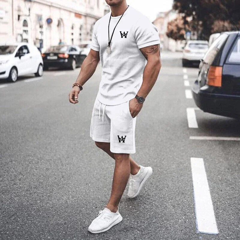Latest Mens W-shaped Printed Casual T-shirt Set Round Neck Short sleeved Top Home Clothes Summer 250310