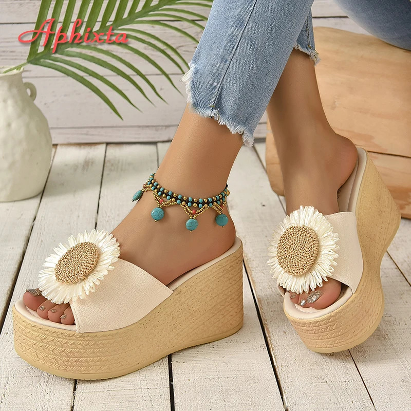Aphixta Beige Summer 9cm Wedge Heels Slippers Women Bohemian Sunflower Mulers 4cm Platform Sandals Clog Shoe Slides Plus Size 43 250314