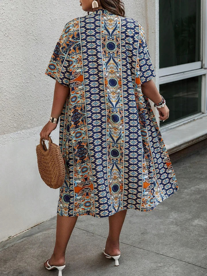 Womens plus size printed twopiece set featuring Bohemian open front kimono short sleeves and 250313
