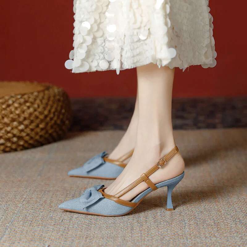 Denim Blue Summer High Heel Women's Sandals Fashion Butterfly-Knot Mules For Ladies Party Dress Shoes