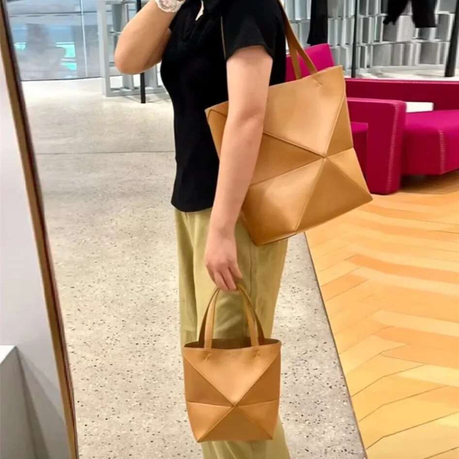 New Large Capacity Foldable Geometric Tote Genuine Cow Leather Puzzlefold Handbag Bucket Bag For Women